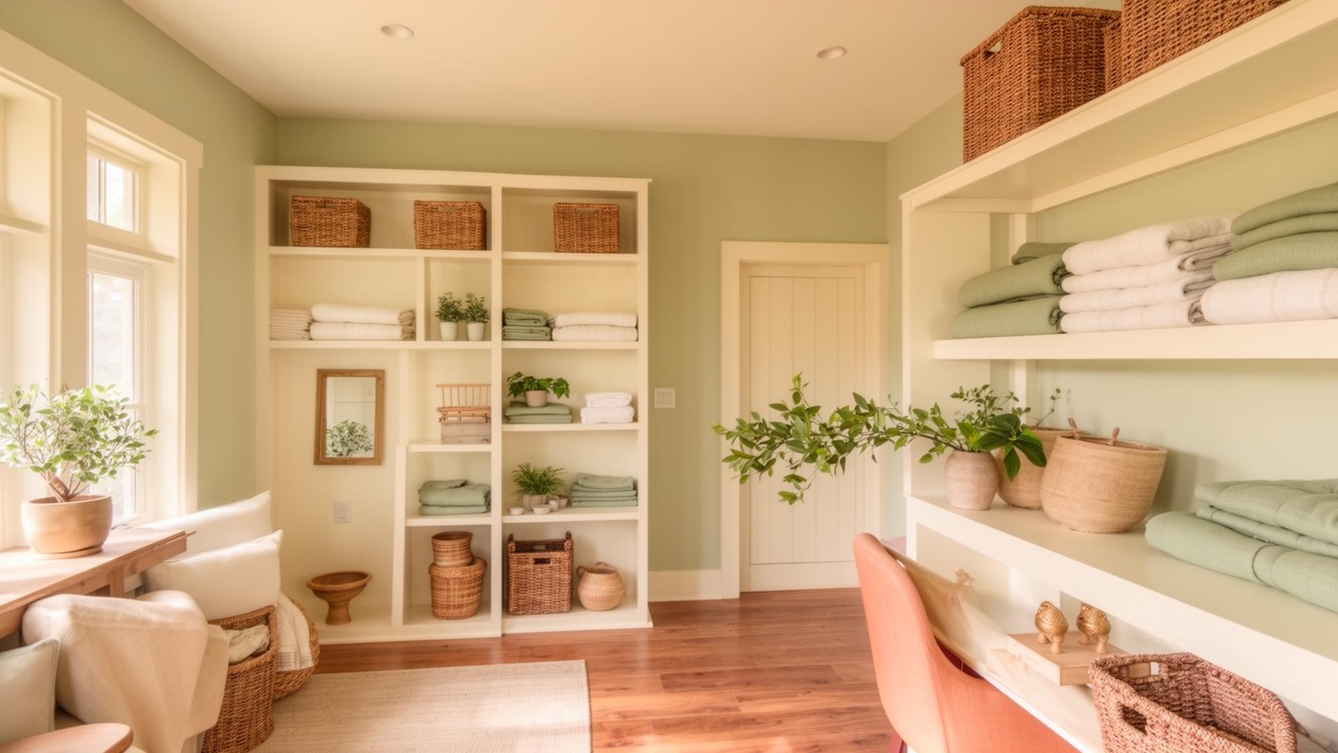 Beautifully organized home interior with sage and cream tones